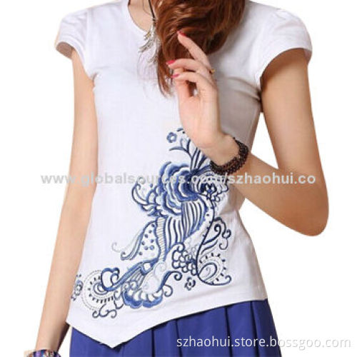 Women's Classic Design T-shirt, Made of 100% Combed Cotton with Perfect Embroidery, OEM Available